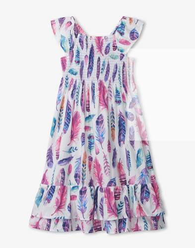 Watercolor Feathers Smocked Maxi Dress